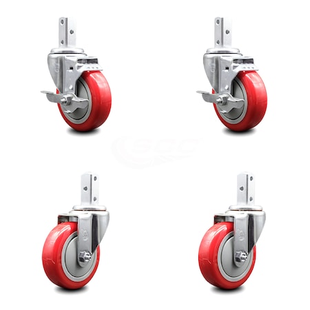 Service Caster 4 Inch Red Polyurethane Wheel Swivel 3/4 Inch Square Stem Caster Brakes, 2PK SCC-SQ20S414-PPUB-RED-TLB-34-2-S-2